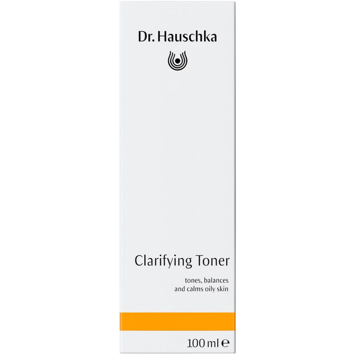 Dr. Hauschka Clarifying Toner 100 ml ansiktsvann balanserer og beroliger fet hud i hvit eske med oransje detalj.