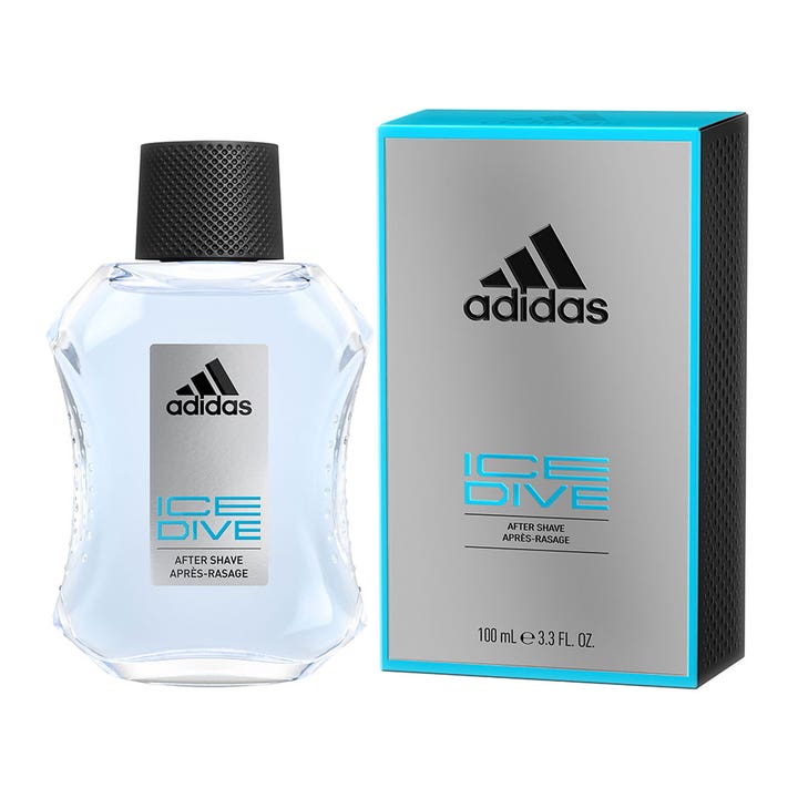 Adidas Ice Dive For Him 100 ml after shave i glassflaske med sort kork ved siden av sølvfarget eske.