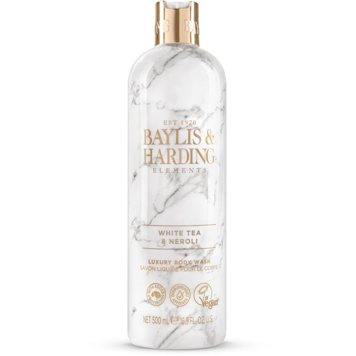 Baylis & Harding Elements White Tea & Neroli 500 ml luksuriøs dusjsåpe i hvit marmormønstret flaske med gulllokk