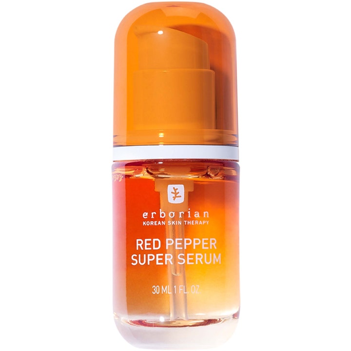 Erborian Red Pepper Super Serum 30 ml energigivende ansiktsserum i oransje glassflaske med pumpe og hette.