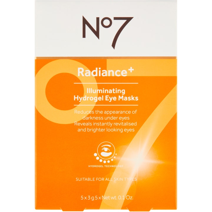 No7 Radiance+ Illuminating Hydrogel Eye Masks 5 x 3 g glødgivende øyemasker mot mørke ringer i en oransje og hvit eske
