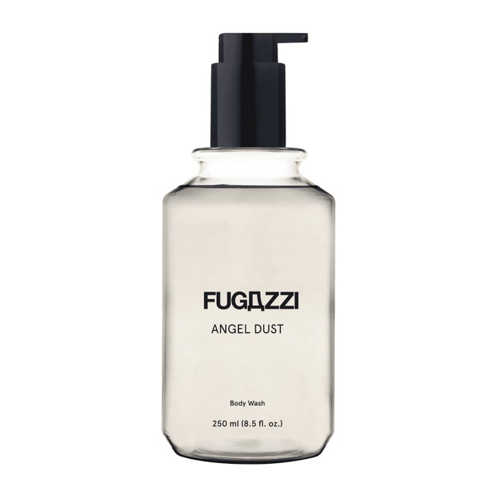 Fugazzi Angel Dust 250 ml dushgele som renser huden i en gjennomsiktig flaske med sort pumpe