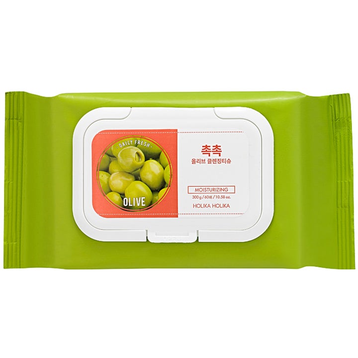 Holika Holika Daily Fresh Olive 60 stk fuktighetsgivende ansiktsservietter i grønn forpakning med hvitt plastlokk.