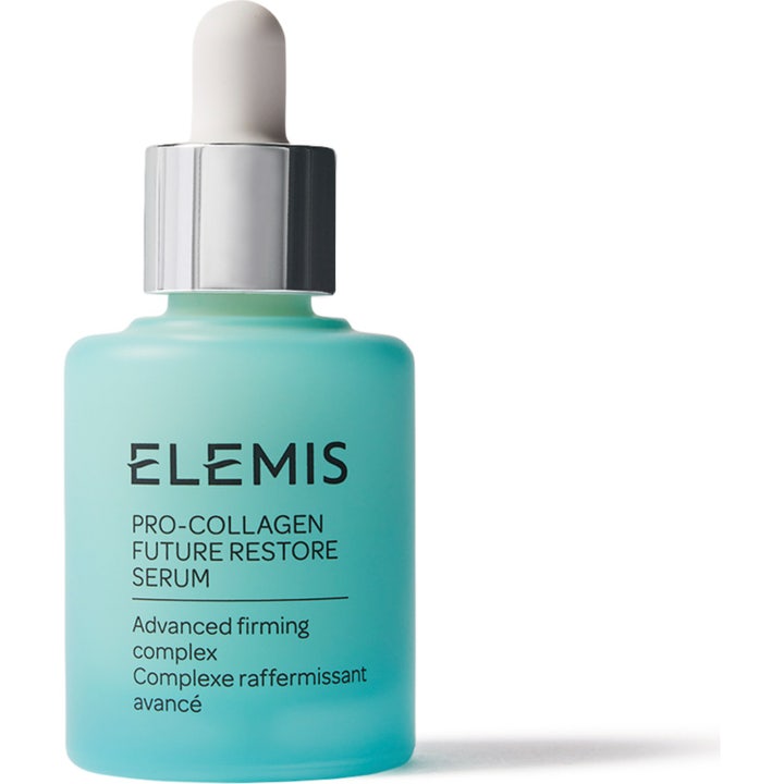 Elemis Pro Collagen Future Restore Serum 30 ml oppstrammende ansiktsserum i lyseblå frostet glassflaske med sølvtopp.