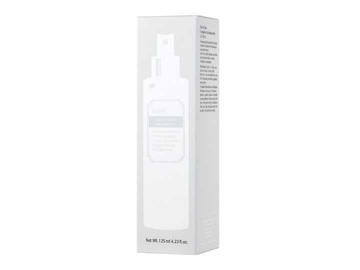 Klairs Fundamental Ampoule Mist 125 ml fuktighetsgivende ansiktsspray i hvit eske med flaskeillustrasjon