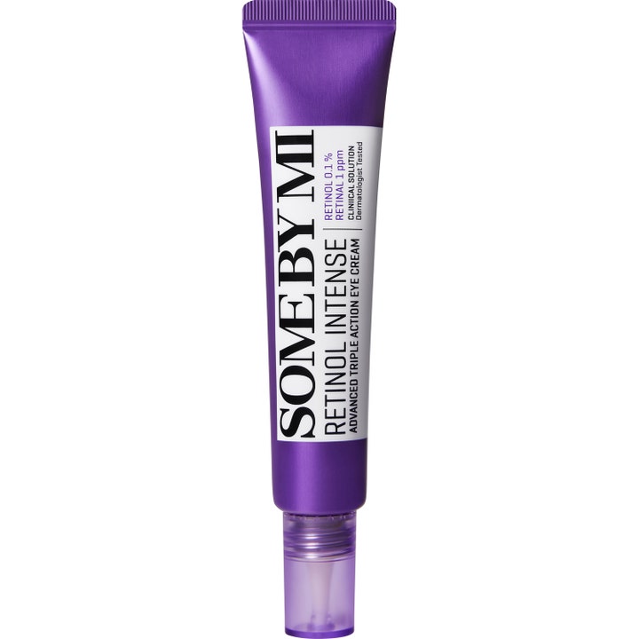 Some By Mi Retinol Intense Eye Cream glattende øyekrem med retinol i lilla tube med hvit etikett og lilla kork