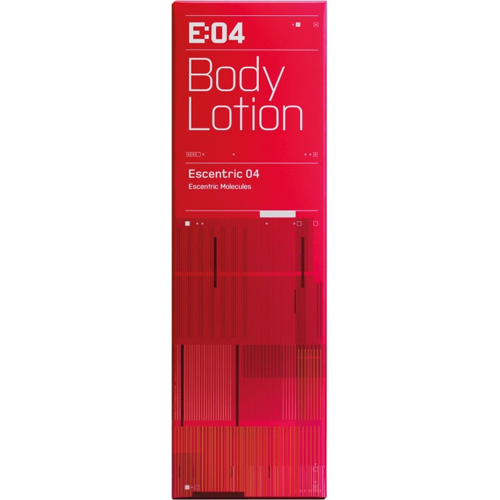 Escentric Molecules Escentric 04 200 ml fuktighetsgivende body lotion i rød eske med hvit tekst og grafisk mønster