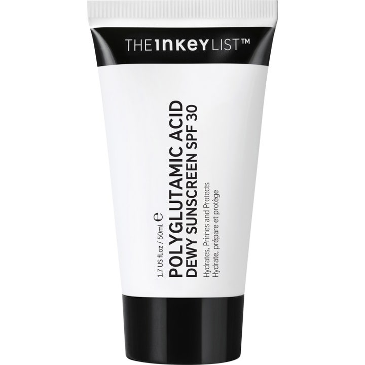The Inkey List Polyglutamic Acid Dewy Sunscreen SPF 30 50 ml fukter og beskytter i hvit tube med sort kork