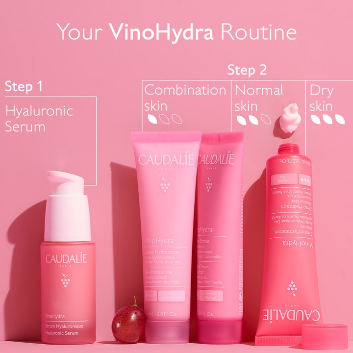 Caudalie Vinohydra Gel Moisturizer 60 ml fuktighetsgivende ansiktskrem i en rosa hudpleierutine med serum