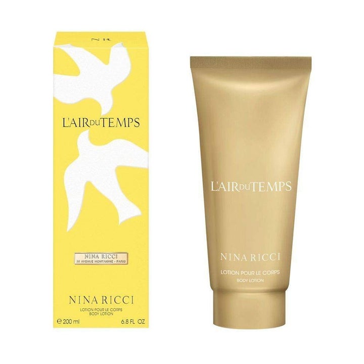 Nina Ricci L'Air du Temps 200 ml fuktighetsgivende body lotion i gullfarget tube og gul eske med hvite duer