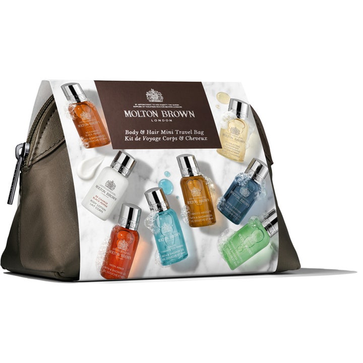Molton Brown Mens Mini Stowaway 240 ml kroppspleiesett i en brun toalettmappe med fargerike småflasker