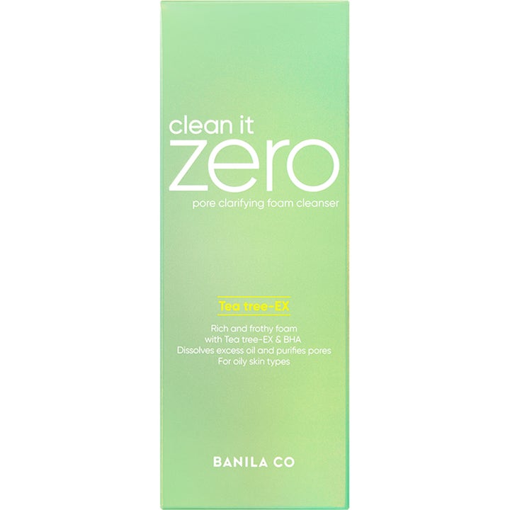 Banila Co Clean It Zero Pore Clarifying Foam Cleanser 150 ml rengjøringsskum i lysegrønn eske med BHA og tetre.
