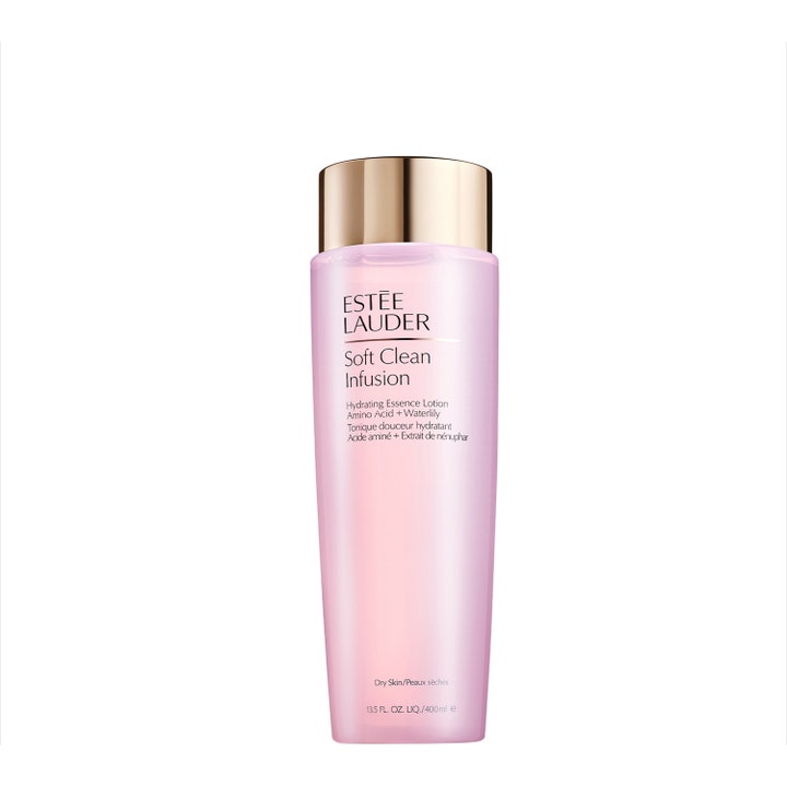 Estée Lauder Soft Clean Infusion 400 ml fuktighetsgivende essence lotion i en lys rosa flaske med gullkork