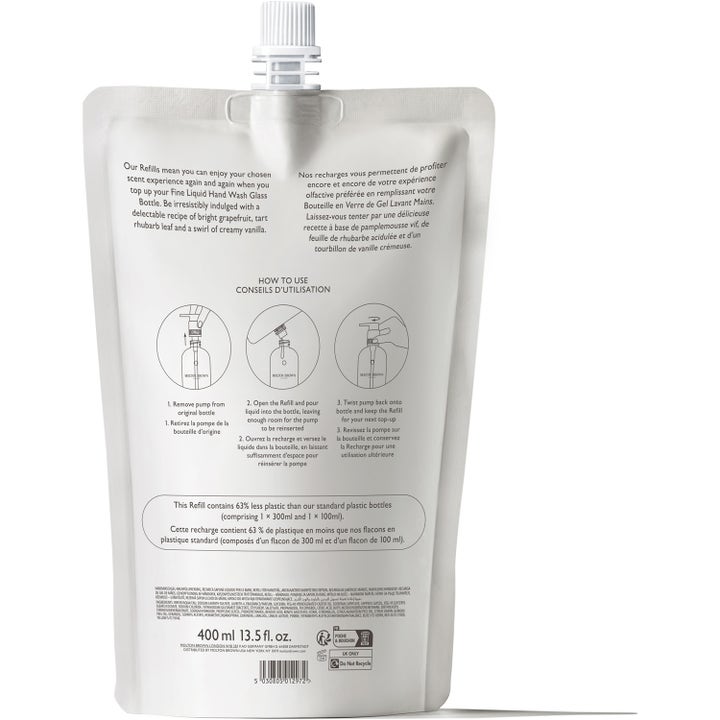 Molton Brown Delicious Rhubarb & Rose 400 ml handtvål i hvit refillpose med instruksjoner for påfylling.