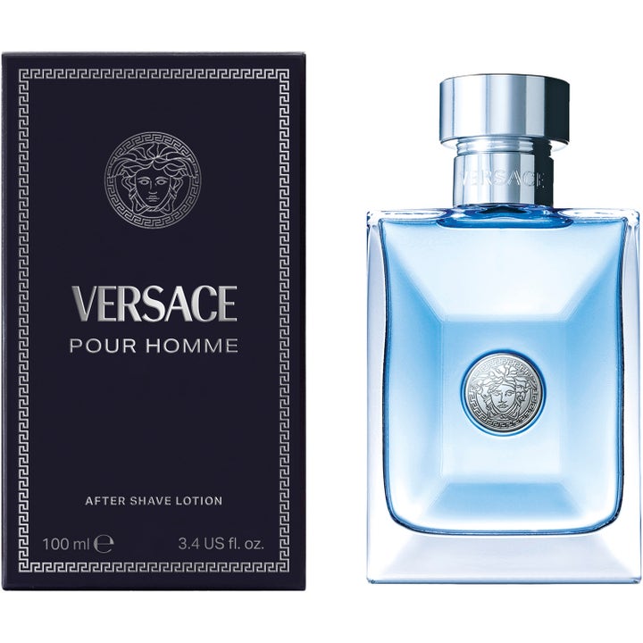 Versace Pour Homme After Shave 100 ml pleiende aftershave i glassflaske med lyseblå væske sølvdetaljer og mørkeblå eske