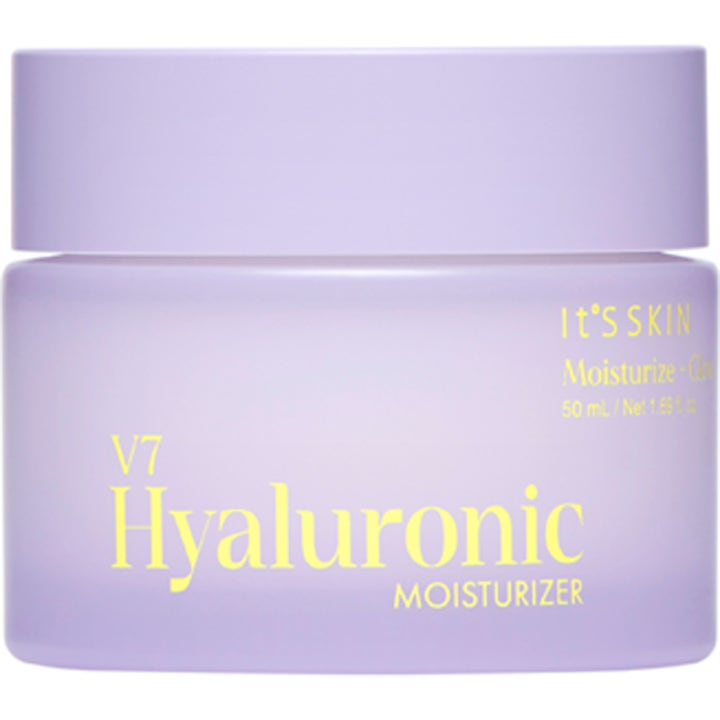 It'S SKIN V7 Hyaluronic Moisturizer 50 ml fuktighetskrem som gir glød i en frostet lilla krukke med gult trykk.