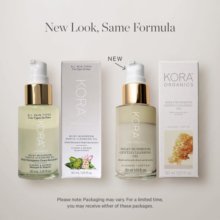 KORA Organics Milky Mushroom Gentle Cleansing Oil 30 ml beroligende ansiktsrens i gammelt og nytt forpakningsdesign.