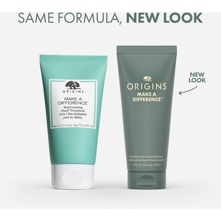 Origins Make a Difference Hand Treatment 75 ml foryngende handkrem viser gammelt og nytt design på tuben