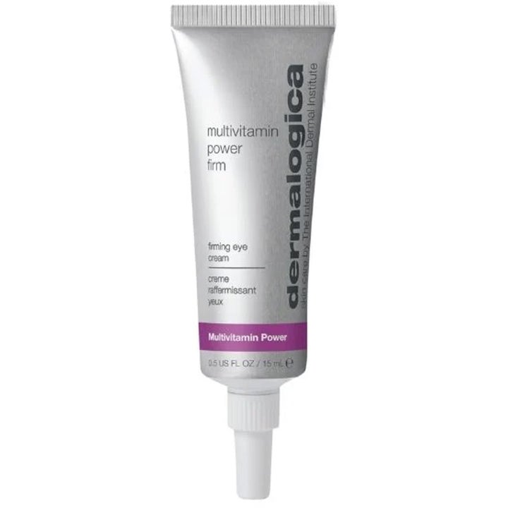 Dermalogica Multivitamin Power Firm 15 ml oppstrammende øyekrem i sølvfarget tube med hvit kork og lilla detalj.