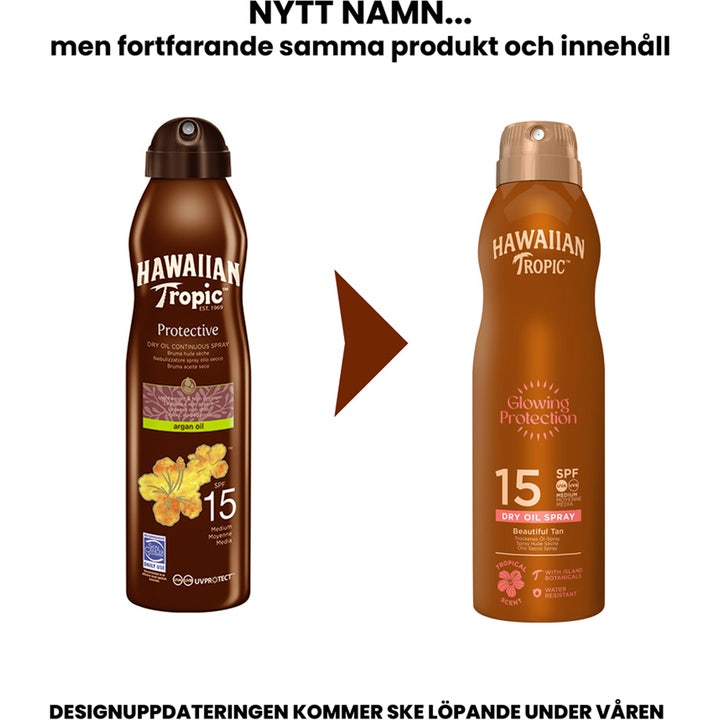 Hawaiian Tropic Glowing Protection Dry Oil Spray 180 ml sololje SPF 15 viser gammelt og nytt flaskedesign.