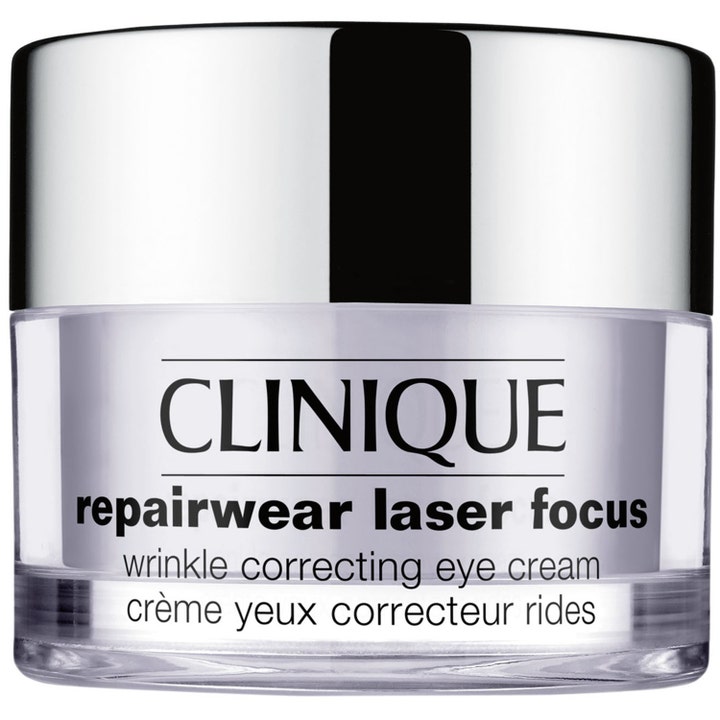 Clinique Repairwear Laser Focus 15ml øyekrem mot rynker i en elegant glasskrukke med sølvlokk
