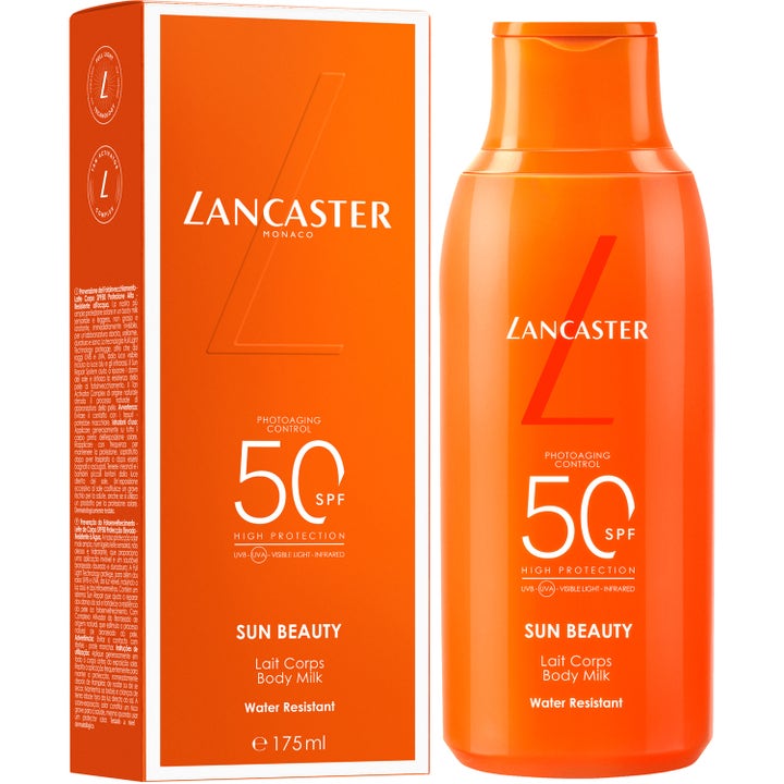 Lancaster Sun Beauty Body Milk 175 ml vannresistent solkrem til kropp med SPF 50 i oransje flaske og eske