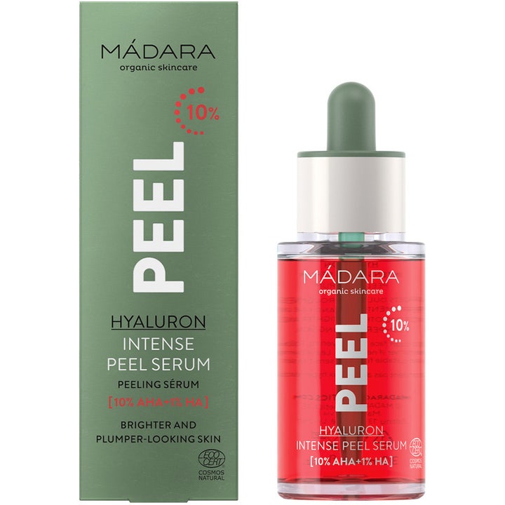 MÁDARA Peel Hyaluron Intense Peel Serum 30 ml eksfolierende serum med 10% AHA i glassflaske med hvit pipette
