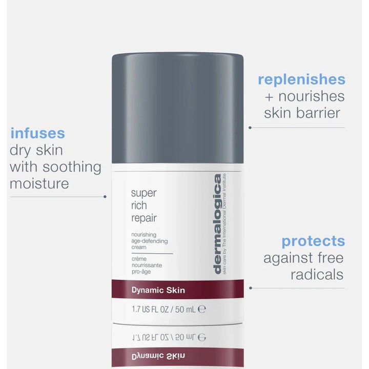 Dermalogica Super Rich Repair 50 ml nærende ansiktskrem i hvit flaske som gir fuktighet og styrker hudbarrieren.