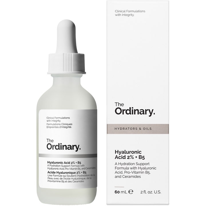 The Ordinary Hyaluronic Acid 2% + B5 60 ml fuktighetsgivende serum i frostet glassflaske med hvit eske.