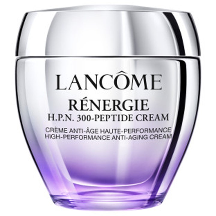 Lancôme Rénergie H.P.N. 300-Peptide Cream oppstrammende anti-age ansiktskrem i sølvfarget krukke med lilla bunn
