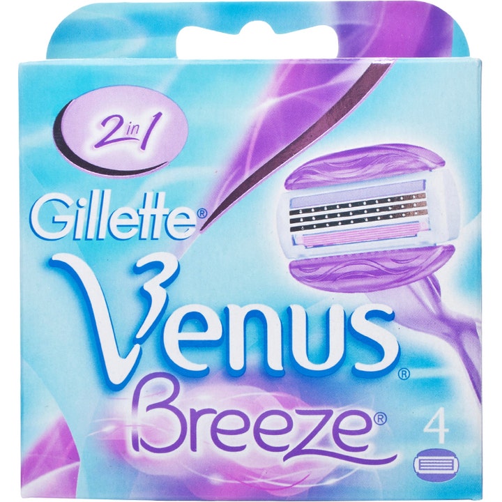 Gillette Venus Breeze 4-pakning barberblader gir glatt hud i lilla og blå eske med integrerte fuktighetsbånd.