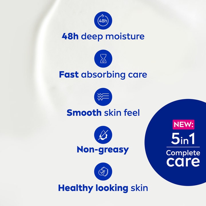 NIVEA Express Hydration Body Lotion 400 ml hvit kremtekstur med ikoner som viser 5-i-1 pleie og 48 timers fukt