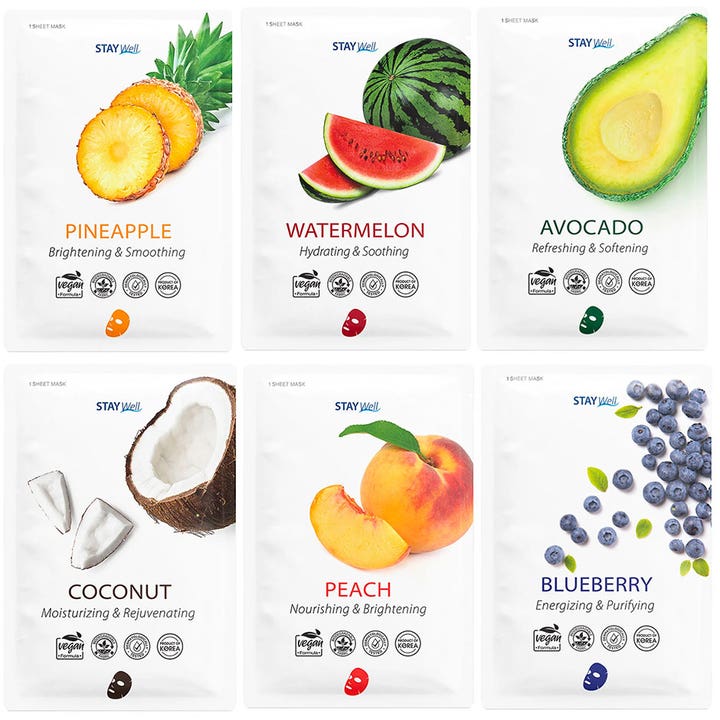 Stay Well Sheet Mask 6-pakning ansiktsmasker med fargerike fruktekstrakter i hvite poser