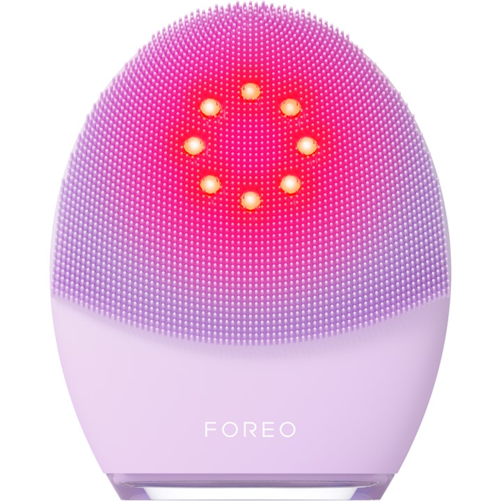 Foreo Luna 4 Plus ansiktsbørste for dyprens og anti-aging i lilla silikon med rødt LED-lys.