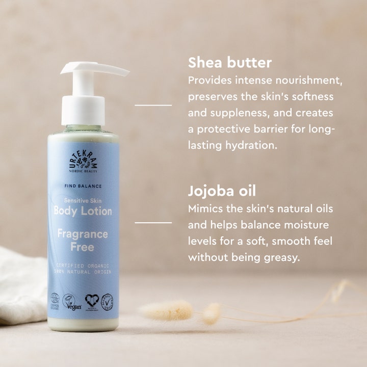 Urtekram Body Lotion Fragrance Free 245 ml fuktighetsgivende kroppskrem med sheasmør og jojobaolje i pumpeflaske.