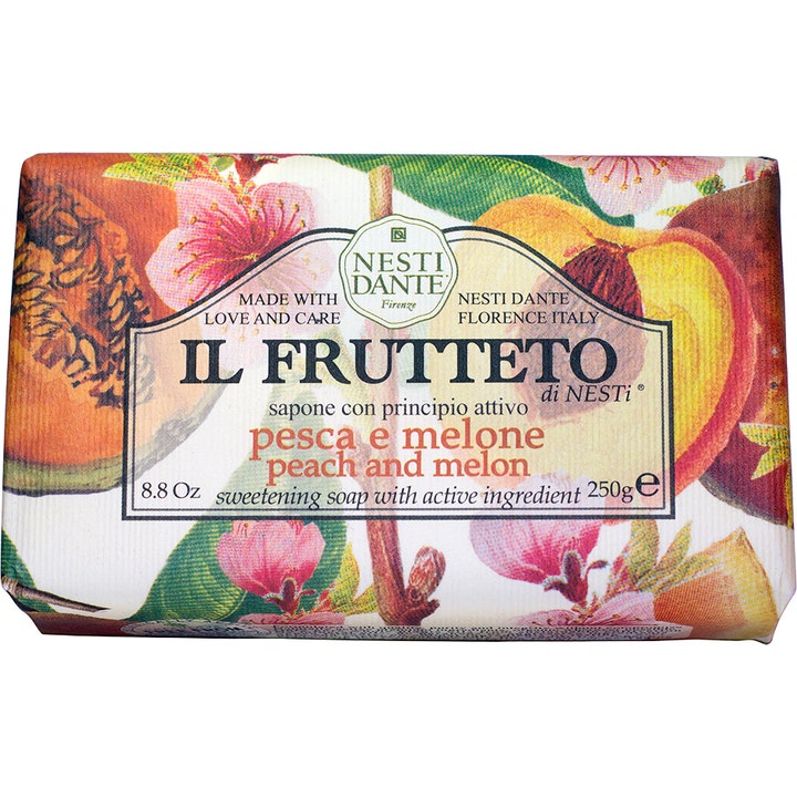 Nesti Dante Il Frutteto Peach and Melon 250g fast såpe som gir fuktighet i papir med fargerike fruktmotiver