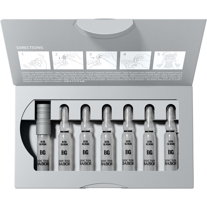 Babor Doctor Babor Instant Soothing Ampoule Serum 14 ml beroligende serum i åpen eske med sju glassampuller.