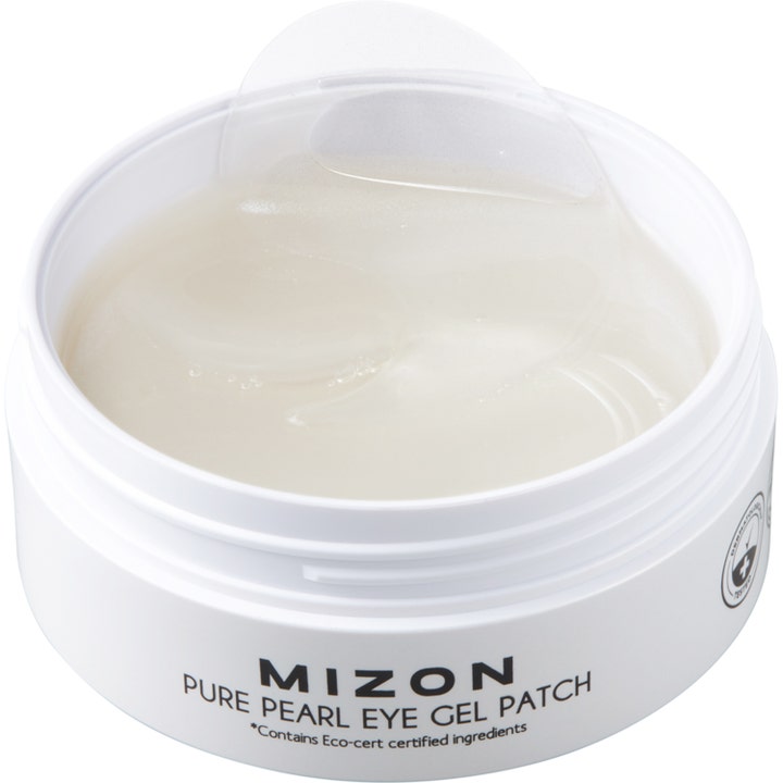 Mizon Premium Pure Pearl Eye Gel Patch 60 stk øyemasker i hvit krukke med glinsende hvite gelpatches og spatel.