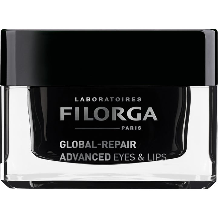 Filorga Global-Repair Advanced Eyes & Lips 15 ml reparerende krem i en stilren firkantet glasskrukke med sort kjerne.