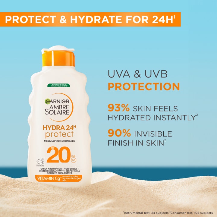 Garnier Ambre Solaire Hydra 24H Protect SPF20 175 ml solkrem i hvit plastflaske på sandstrand