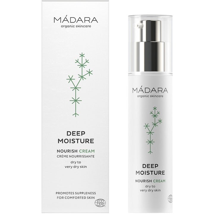 MÁDARA Deep Moisture Day cream 50 ml fuktighetsgivende dagkrem i hvit pumpeflaske med gjennomsiktig kork