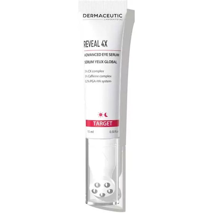Dermaceutic Reveal 4X Advanced Eye Serum 15 ml øyeserum mot mørke ringer i hvit tube med metallisk rulleball.