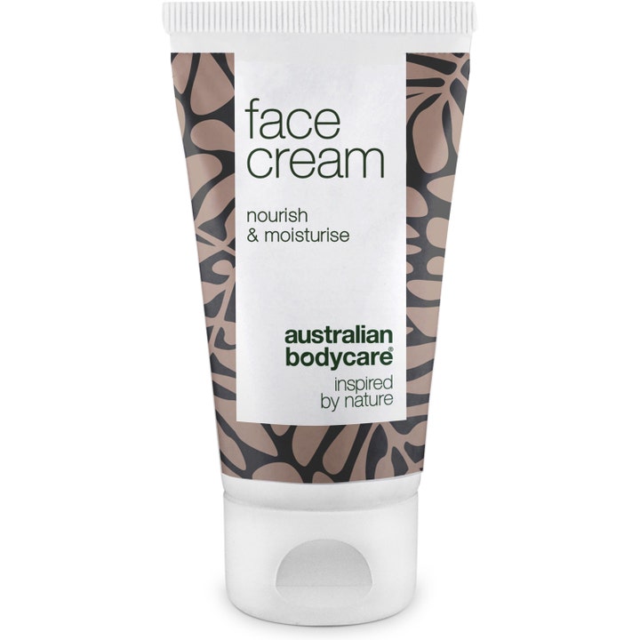 Australian Bodycare Face Cream 50ml nærende ansiktskrem i hvit plasttube med dekorativt mørkt bladmotiv