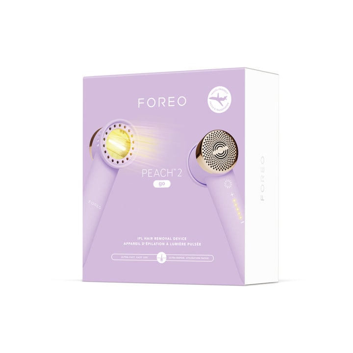 FOREO PEACH 2 go Lavender 1 stk IPL-enhet for hårfjerning i lilla eske med illustrasjon av lysglimt