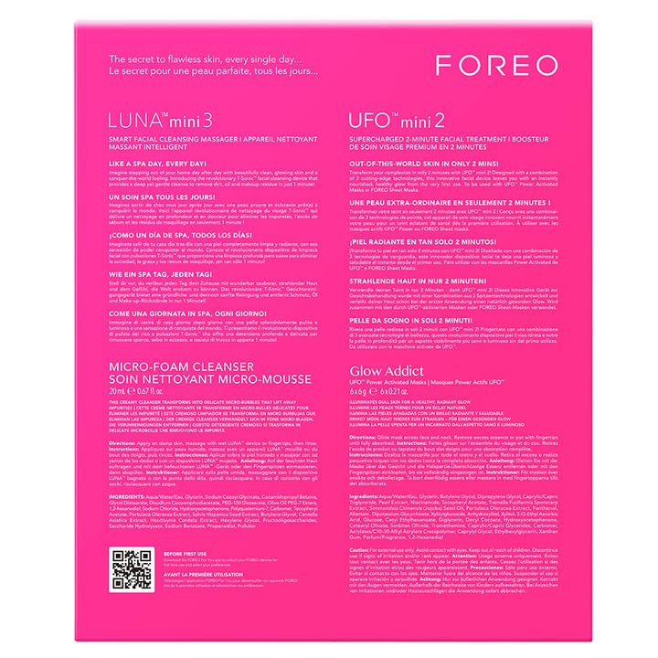 FOREO LUNA Mini 3 & UFO Mini 2 Set Fuchsia hudpleiesett baksiden av rosa eske med detaljert produktinformasjon.