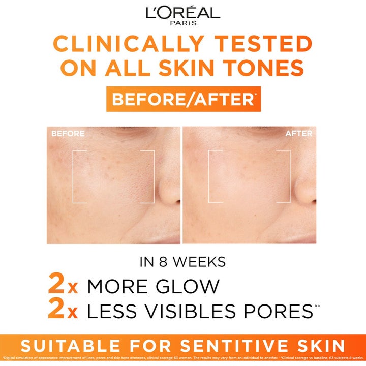 L'Oréal Paris Revitalift Clinical Vitamin C før og etter bilder som viser mer glød og mindre porer på 8 uker.