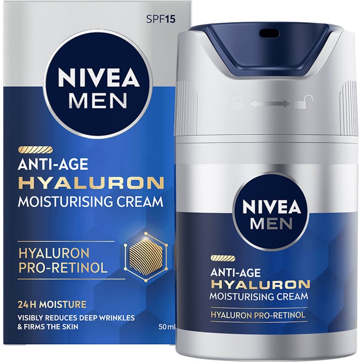 Nivea Men Anti-Age Hyaluron Moisturising Cream 50 ml ansiktskrem som gir fuktighet i sølvfarget pumpeflaske