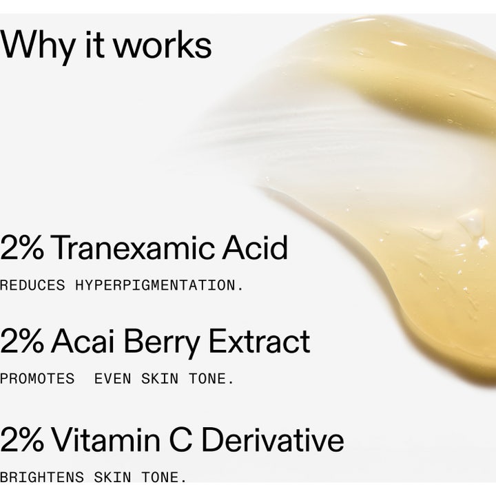 The INKEY List Tranexamic Acid Serum 30 ml mot hyperpigmentering viser en gulaktig geltekstur og ingredienser.
