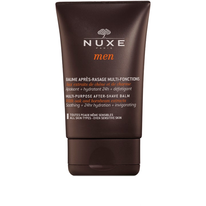 Nuxe Men Multi-Purpose After-Shave Balm beroligende aftershave i mørkebrun tube som gir 24 timers fuktighet.