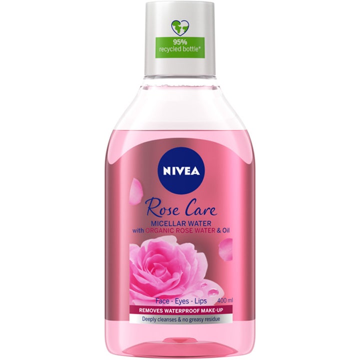Nivea Rose Care Micellar Water 400 ml fjerner vannfast sminke i gjennomsiktig flaske med rosa væske og roseillustrasjon.